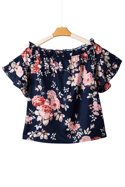 Blue Ruffle Off Shoulder Flounce Sleeve Floral Blouse-Tops-MomFashion