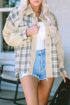 Khaki Distressed Raw Edge Plaid Patchwork Denim Jacket-Outerwear-MomFashion