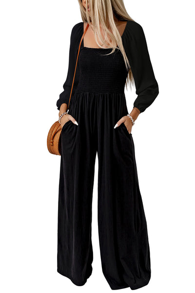 Black Smocked Square Neck Long Sleeve Wide Leg Jumpsuit-Bottoms-MomFashion