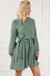 Jungle Green Button Neck Puff Sleeve Belted Pleated Mini Dress-Dresses-MomFashion