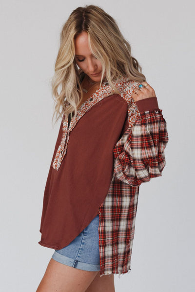 Fiery Red Floral Plaid Mixed Print Bishop Sleeve Patchwork Top-Tops-MomFashion