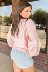 Pink Chenille Daisy Stitching Crew Neck Sweater-Tops-MomFashion