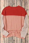 Fiery Red Color Block Long Sleeve Ribbed Loose Top-Tops-MomFashion