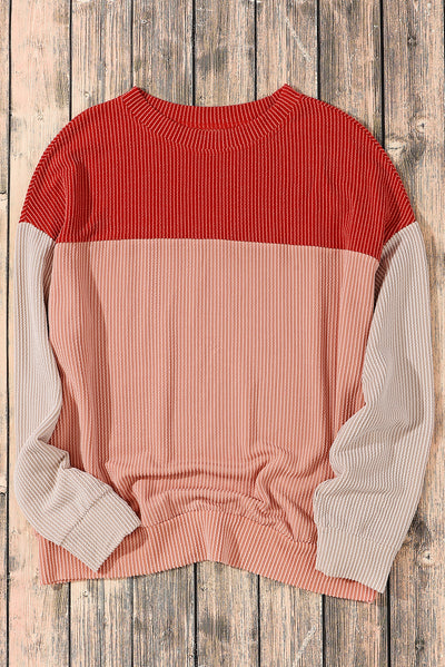 Fiery Red Color Block Long Sleeve Ribbed Loose Top-Tops-MomFashion