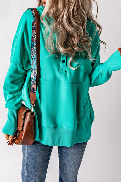 Turquoise Batwing Sleeve Pocketed Henley Hoodie-Tops-MomFashion