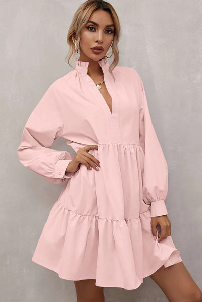 Pink Frilled Stand Collar Long Sleeve Ruffle Dress-Dresses-MomFashion