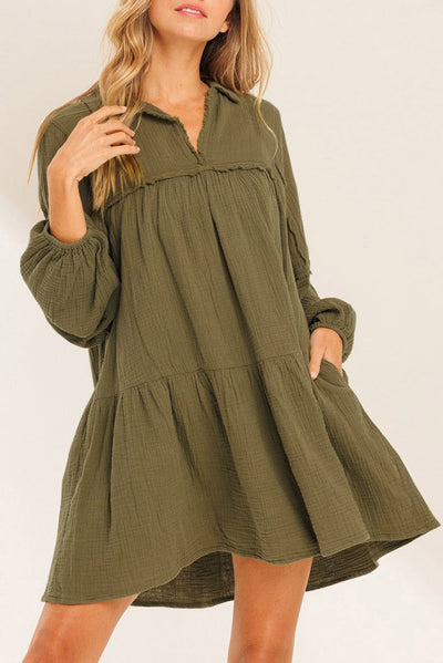 Green Frayed Trim Split Neck Puff Sleeve Flared Dress-Dresses-MomFashion