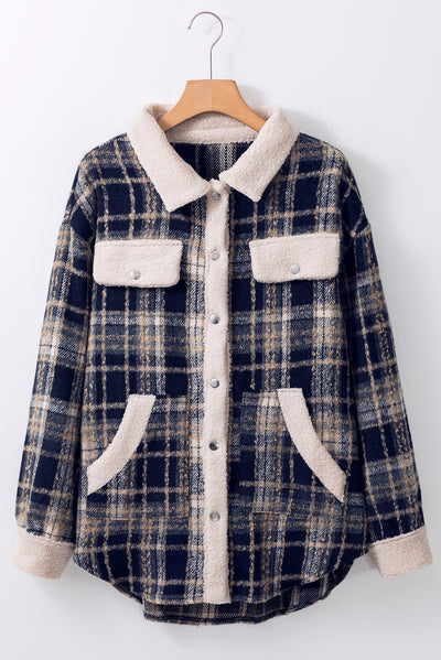 Multicolor Plaid Contrast Sherpa Flap Pocket Snap Button Shacket-Outerwear-MomFashion