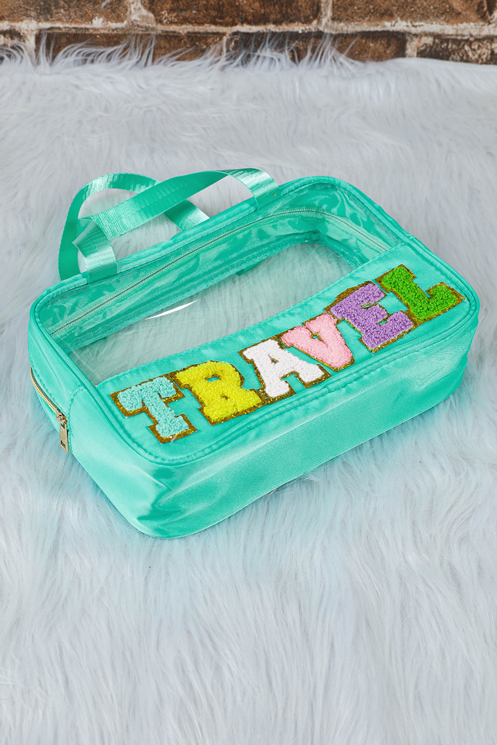 Mint Green TRAVEL Chenille Letter Clear PVC Makeup Bag-Accessories-MomFashion