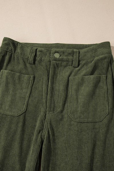 Green High Waist Square Pockets Corduroy Pants-Bottoms-MomFashion