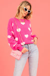 Bright Pink Fuzzy Valentine Hearts Drop Shoulder Sweater-Tops-MomFashion