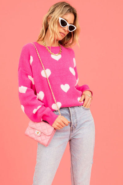 Bright Pink Fuzzy Valentine Hearts Drop Shoulder Sweater-Tops-MomFashion