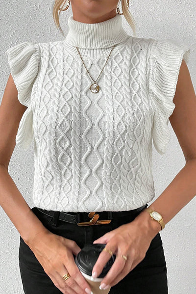 White Turtle Neck Short Sleeve Cable Knit Ruffled Sweater-Tops-MomFashion