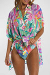 Multicolor Plant Print Button-up Half Sleeve Beach Cover Up-Swimwear-MomFashion