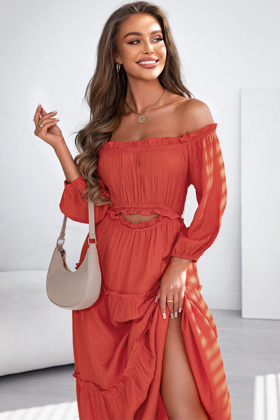 Orange Off Shoulder Balloon Sleeve Cutout Ruffled Maxi Dress-Dresses-MomFashion