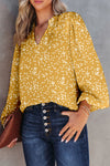 Yellow Split Neck Fall Printed Crinkled Blouse-Tops-MomFashion