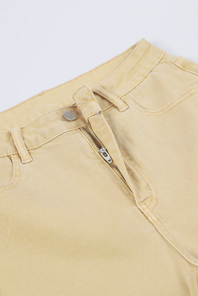 Khaki Raw Edge Mid Waist Flared Jeans-Bottoms-MomFashion