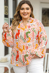 Orange Printed Floral Abstract Print Frilled V Neck Plus Size Blouse-Plus Size-MomFashion