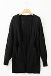 Black Ribbed Trim Eyelet Cable Knit Cardigan-Tops-MomFashion