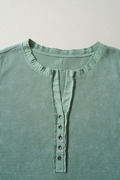 Smoke Green Acid Wash Waffle Knit Buttoned Neckline Long Sleeve Top-Tops/Long Sleeve Tops-MomFashion