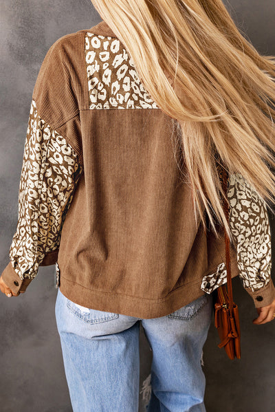 Brown Leopard Print Corduroy Long Sleeve Jacket-Outerwear-MomFashion