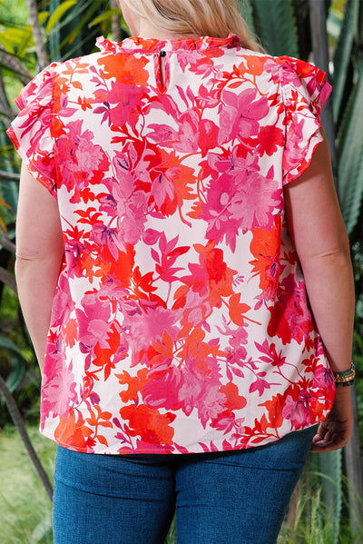 Rose Ruffle Tiered Sleeve Frill Neck Floral Plus Size Blouse-Plus Size-MomFashion