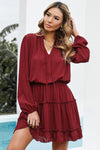 V Neck Long Sleeve Ruffle Tiered Mini Dress-Dresses-MomFashion