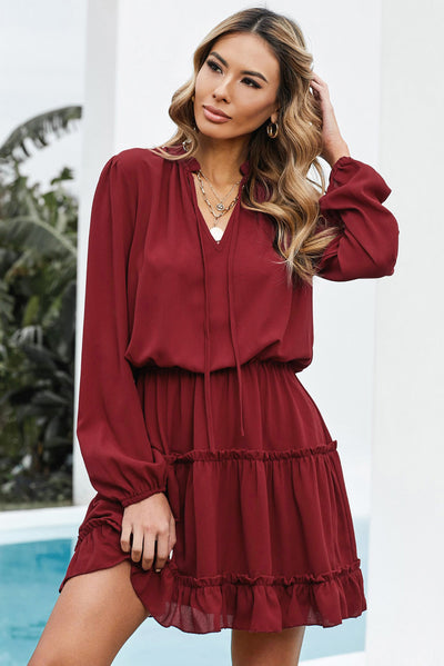 V Neck Long Sleeve Ruffle Tiered Mini Dress-Dresses-MomFashion