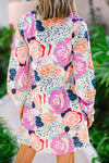 Multicolor Bracelet Bubble Sleeve Blooming Flower Print Dress-Dresses-MomFashion