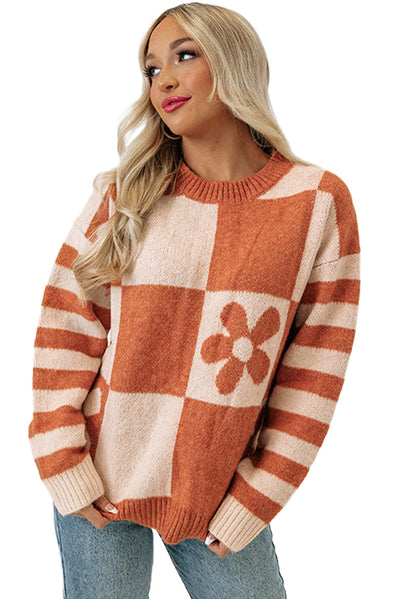 Brown Checkered Floral Print Striped Sleeve Sweater-Tops-MomFashion