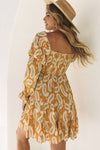 Yellow Boho Paisley Long Sleeve Floral Dress-Dresses-MomFashion