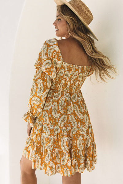 Yellow Boho Paisley Long Sleeve Floral Dress-Dresses-MomFashion