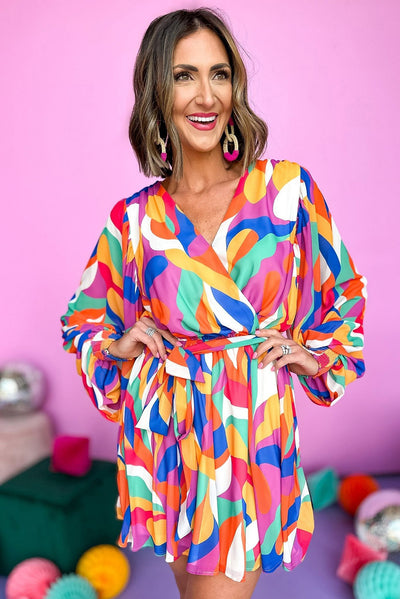 Multicolor Abstract Printed Belted Puff Sleeve Mini Dress-Dresses-MomFashion