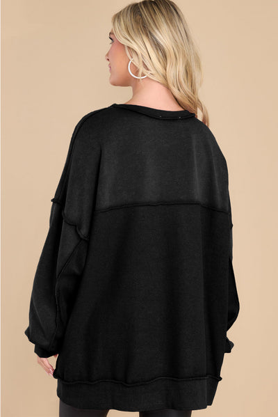 Black Oversized Exposed Seam Henley Sweatshirt-Tops-MomFashion