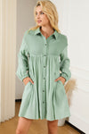 Green Patchwork Crinkle Puff Sleeve Shirt Dress-Dresses-MomFashion