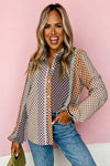 Brown Dot Print Long Sleeve Button Down Shift Shirt-Tops-MomFashion