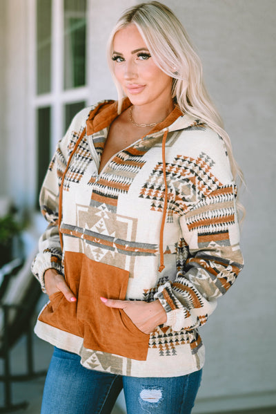 Beige Aztec Print Kangaroo Pocket Half-Zip Hoodie-Tops-MomFashion