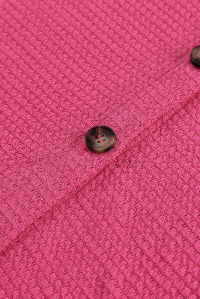 Pink Waffle Knit Button Up Casual Shirt-Tops-MomFashion