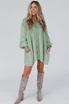 Green Patchwork Crinkle Puff Sleeve Shirt Dress-Dresses-MomFashion