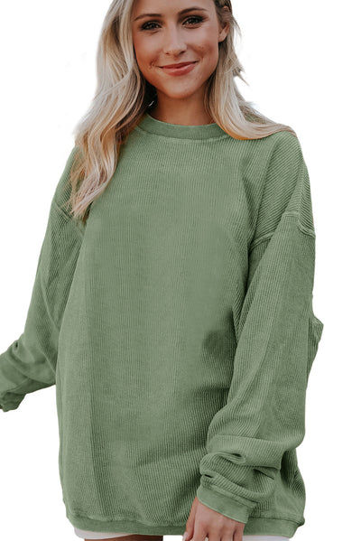 Green Ribbed Corded Oversized Sweatshirt-Tops-MomFashion