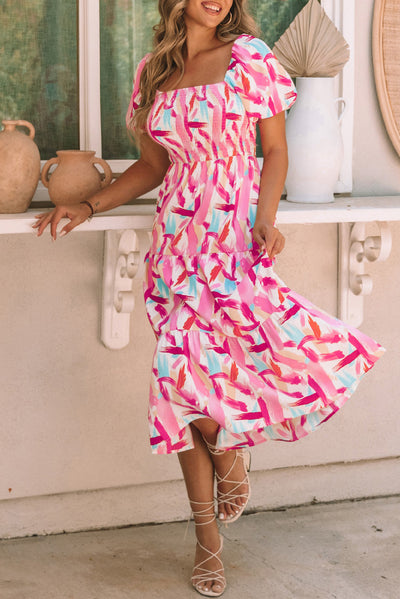 Pink Brush Stroke Printed Smocked Ruffle Tiered Dress-Dresses-MomFashion