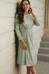 Green Twist Front Tie Back Long Sleeve Satin Dress-Dresses-MomFashion