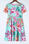 Sky Blue Short Sleeve High Waist Floral T-shirt Dress-Dresses-MomFashion