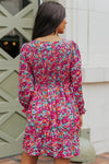 Purple Smocked V Neck Puffy Sleeve Floral Dress-Dresses-MomFashion