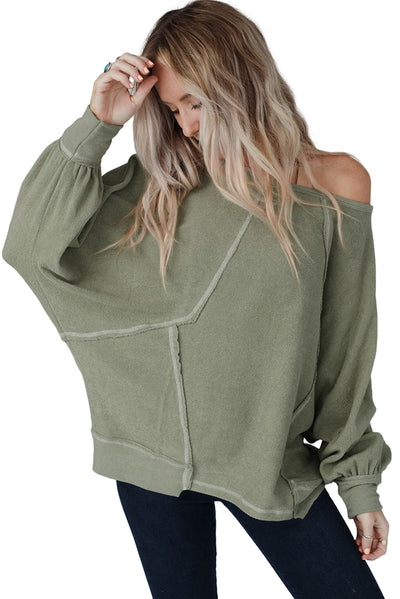 Green Exposed Seam Patchwork Dolman Sleeve Top-Tops-MomFashion