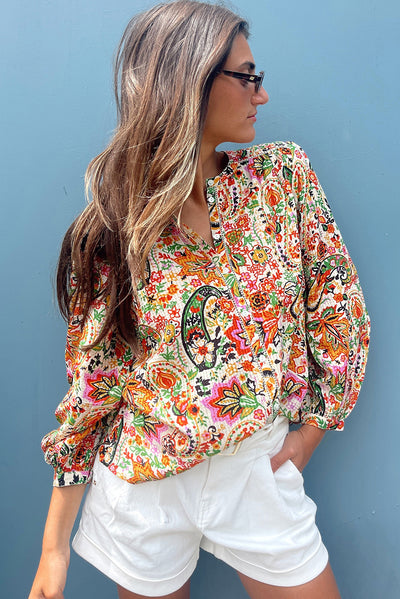 Multicolour Floral Print Lace Splicing Button up Puff Sleeve Shirt-Tops-MomFashion