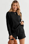 Black Textured Long Sleeve Top and Drawstring Shorts Set-Loungewear-MomFashion