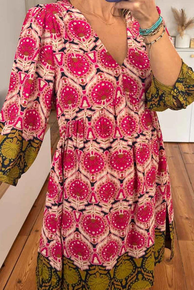 Strawberry Pink Retro Printed V Neck Bracelet Sleeve Dress-Dresses-MomFashion