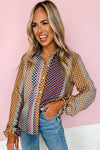 Brown Dot Print Long Sleeve Button Down Shift Shirt-Tops-MomFashion