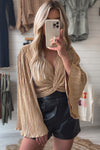 Camel Pleated Bell Sleeve Twist V Neck Cropped Blouse-Tops-MomFashion